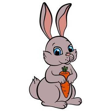 Cartoon wild animals for kids. Little cute rabbit holds a carrot in the hands. He smiles.