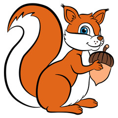 Cartoon wild animals for kids. Little cute squirrel holds an acorn in the hands and smiles. She is happy.