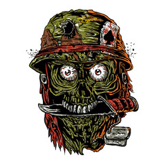 military zombie with knife in mouth. - obrazy, fototapety, plakaty