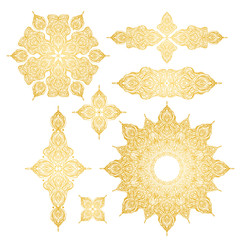 set of gold oriental ornament on white background, pattern, mandala, wristband, star, vector illustration