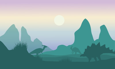 At morning silhouette of parasaurolophus and stegosaurus