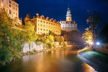 Fototapeta na wymiar Beautiful Night View To Castle Tower In Cesky Krumlov, Czech Rep
