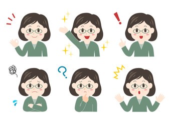 眼鏡をかけた中年女性の表情イラストセット
