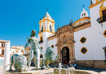 Plaza Del Socorro Church In Ronda, Spain. Old Town Cityscape - obrazy, fototapety, plakaty