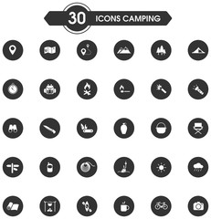 30 camping and outdoor nature leisure activity silhouette sign and symbol circle icon set, create by vector 
