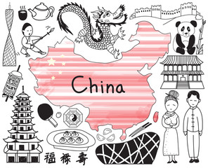 Travel to China doodle drawing icon with culture, costume, landmark and cuisine tourism concept in isolated background, create by vector  

