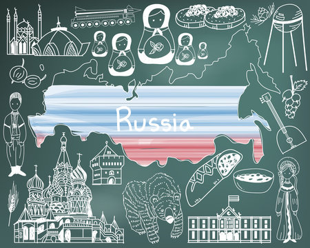 Travel to Russia doodle drawing icon with culture, costume, landmark and cuisine tourism concept in blackboard background. Vector 