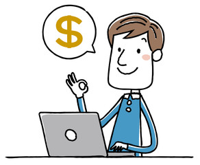 イラスト素材：若い男性　お金　ドル　考える