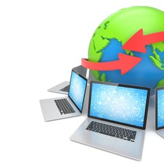 Laptop network around earth globe. 3d rendering.