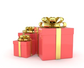 three gift boxes with bows isolated on white. 3d rendering.