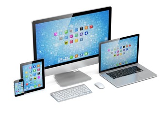 Ultimate web design, laptop, smartphone, tablet, computer, display. 3d rendering.