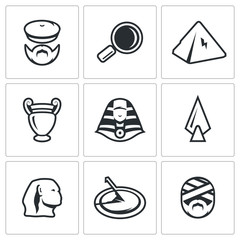 Vector Set of Egypt Icons. Archaeology, Search, Research, Monument, Craft, Treasure, Weapon, Time, Shrine.