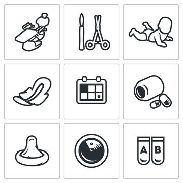 Vector Set of Abortion Icons. Equipment, Surgery, Birth, Monthly, Date, Medicine, Contraception, Diagnosis, Test.