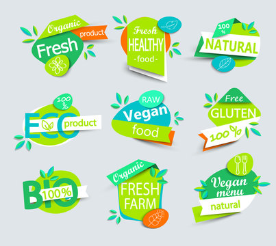 Vector set of healthy organic food labels.