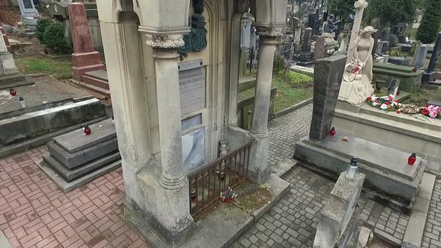 Shooting With the Aircraft Quadrocopter.camera Flies Over the Graves in the Cemetery of the Lviv. Camera Movement on the Crosses and Tombs. 