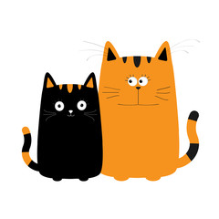 Cute red orange cartoon cat boy and black kitty girl. Big mustache whisker. Funny character set. Happy family. Love greeting card. Flat design. White background. Isolated.
