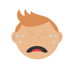 Crying screaming guy head. Baby boy emotion collection. Cute cartoon character with red hair and freckles. Face with tears. Abuse anger boy icon. White background Isolated Flat design.