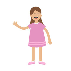 Girl waving hand Isolated. Happy child. Cute cartoon laughing character in violet dress. Smiling woman. White background. Flat design