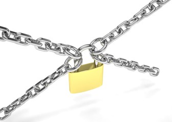 Padlock and chain isolated on white background. 3d rendering.