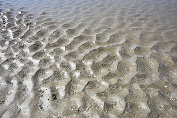 Repeating pattern created by water on muddy beach at low tide.