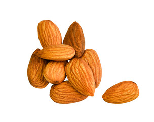 Obraz na płótnie Canvas Almonds isolated on white background. Fresh raw almonds. Vegetarian food nuts. Almond nuts isolated on white. Group of brown fresh almonds.