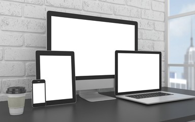 Fototapeta premium Responsive mockup screen. Monitor, laptop, tablet, phone on table in office. 3d rendering.