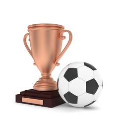 Isolated bronze cup with ball on white background. Soccer and football. Third place trophy. Game and competition. 3D rendering