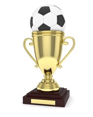 Golden cup and ball on white background. 3D rendering.