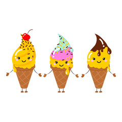 Set of Vector illustration of cartoon funny ice creams with happy smiling faces for kids designs and decorations, isolated on white