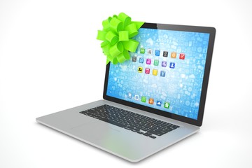 Tied laptop with green bow on white background. Modern present or gift for birthday, holiday, christmas. 3D rendering.