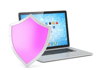 Laptop and shield on white, computer security concept. 3d rendering.