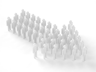 Many 3d people figure in arrow shape with the leader in front. 3d rendering.