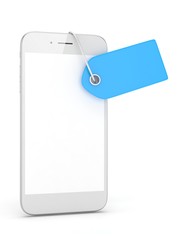 White smart phone with blue price tag on white background. Identification, price, label. 3D rendering.