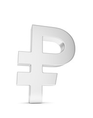 Isolated silver ruble sign on white background. Russian currency. Concept of investment, russian market, savings. Power, luxury and wealth. Russia, Belarus. 3D rendering.