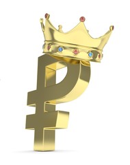 Isolated golden ruble sign with golden crown and gems on white background. Concept of making profit, income. Currency sign. Russian money. 3D rendering.