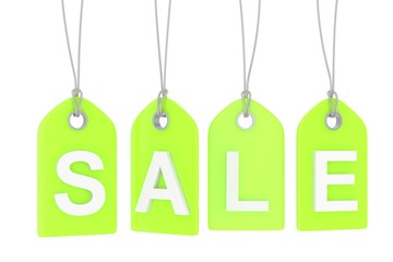 Green isolated sale labels on white background. Price tags. Special offer and promotion. Store discount. Shopping time. 3D rendering.
