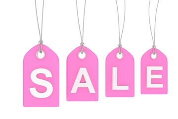 Obraz na płótnie Canvas Pink isolated sale labels on white background. Price tags. Special offer and promotion. Store discount. Shopping time. 3D rendering.