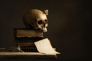 human Skull with Butterfly and a empty Page with Feather