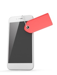White smart phone with red price tag on white background. Identification, price, label. 3D rendering.