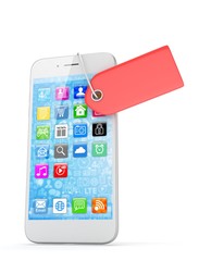 White smart phone with red price tag on white background. Identification, price, label. 3D rendering.