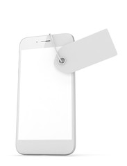 White smart phone with white price tag on white background. Identification, price, label. 3D rendering.