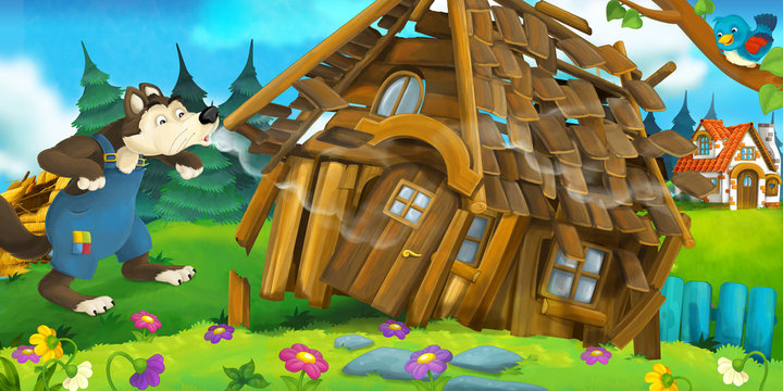 Cartoon scene of wooden house being demolished - illustration for children