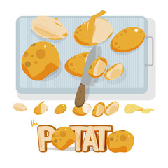 potato set with knife and chopping board. letters design - vecto