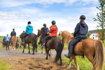 Rolgordijnen Group of horseback riders ride  in Iceland © lkoimages