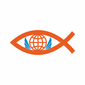 Church logo. Globe, world, christian fish, and angel wings.
