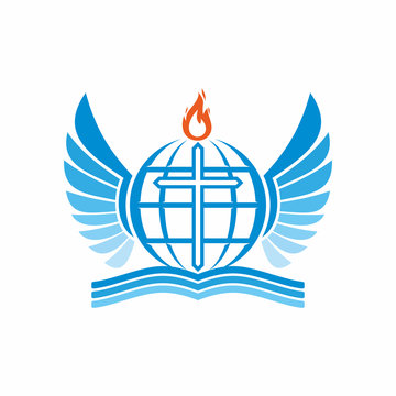 Church logo. Bible, cross, globe and the world, the flame of the Holy Spirit, and angel wings.