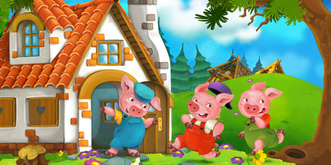 Obraz na płótnie Canvas Cartoon scene of two running pigs to the house of their brother - illustration for children