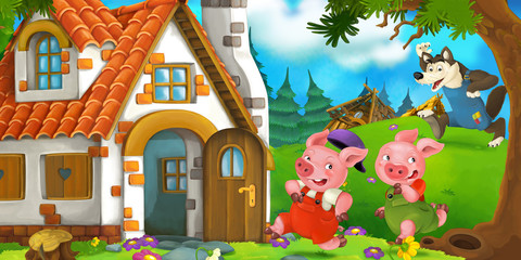 Cartoon scene of two running pigs to the house of their brother - illustration for children
