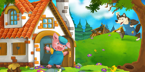 Cartoon scene of a pig near the house and wolf running to him - illustration for children