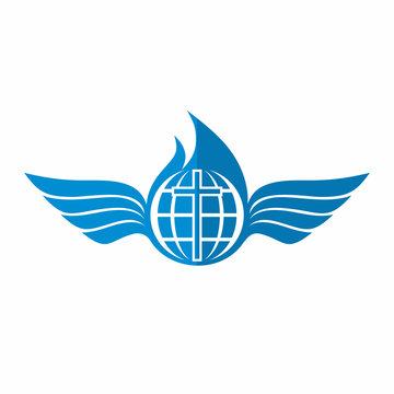 Church logo. Globe and world cross of Jesus Christ and the fire of the Holy Spirit.